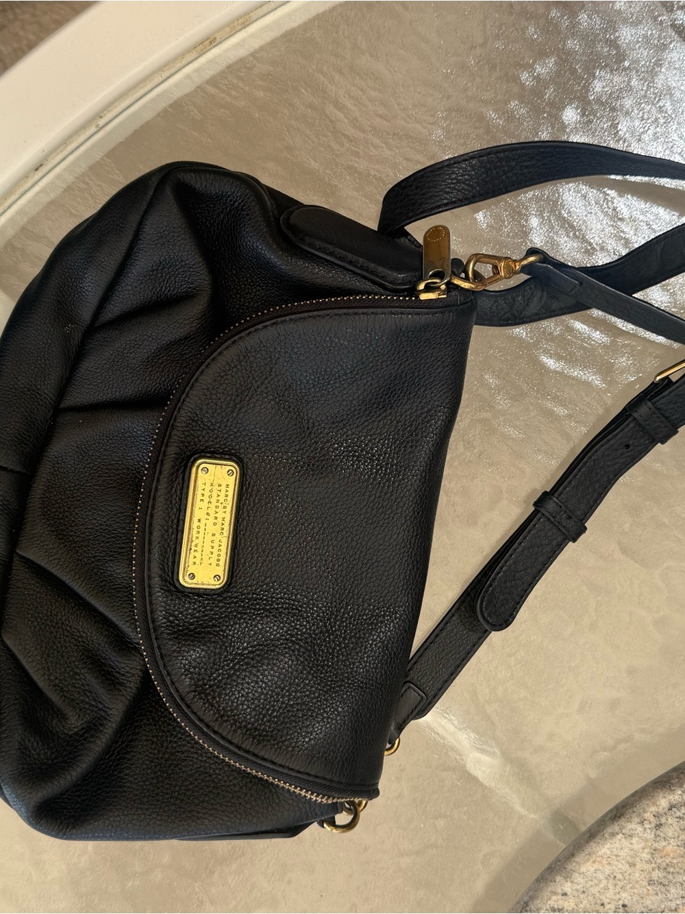 Marc Jacobs Natasha Black Pebbled Leather Shoulder Bag with Gold Hardware